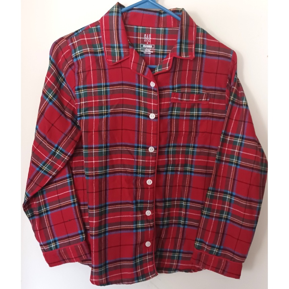 Gap Kids Pajama Top Size 10 Red Plaid Button Down Flame Resistant Holiday Tartan
